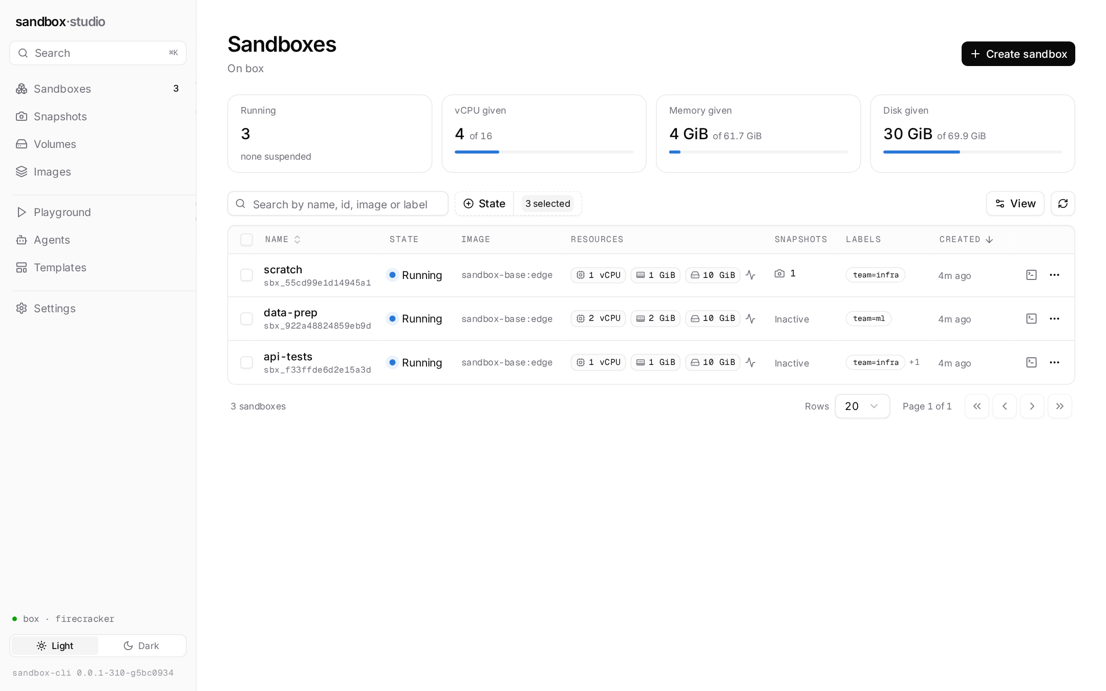 Sandbox Studio, the Sandboxes screen