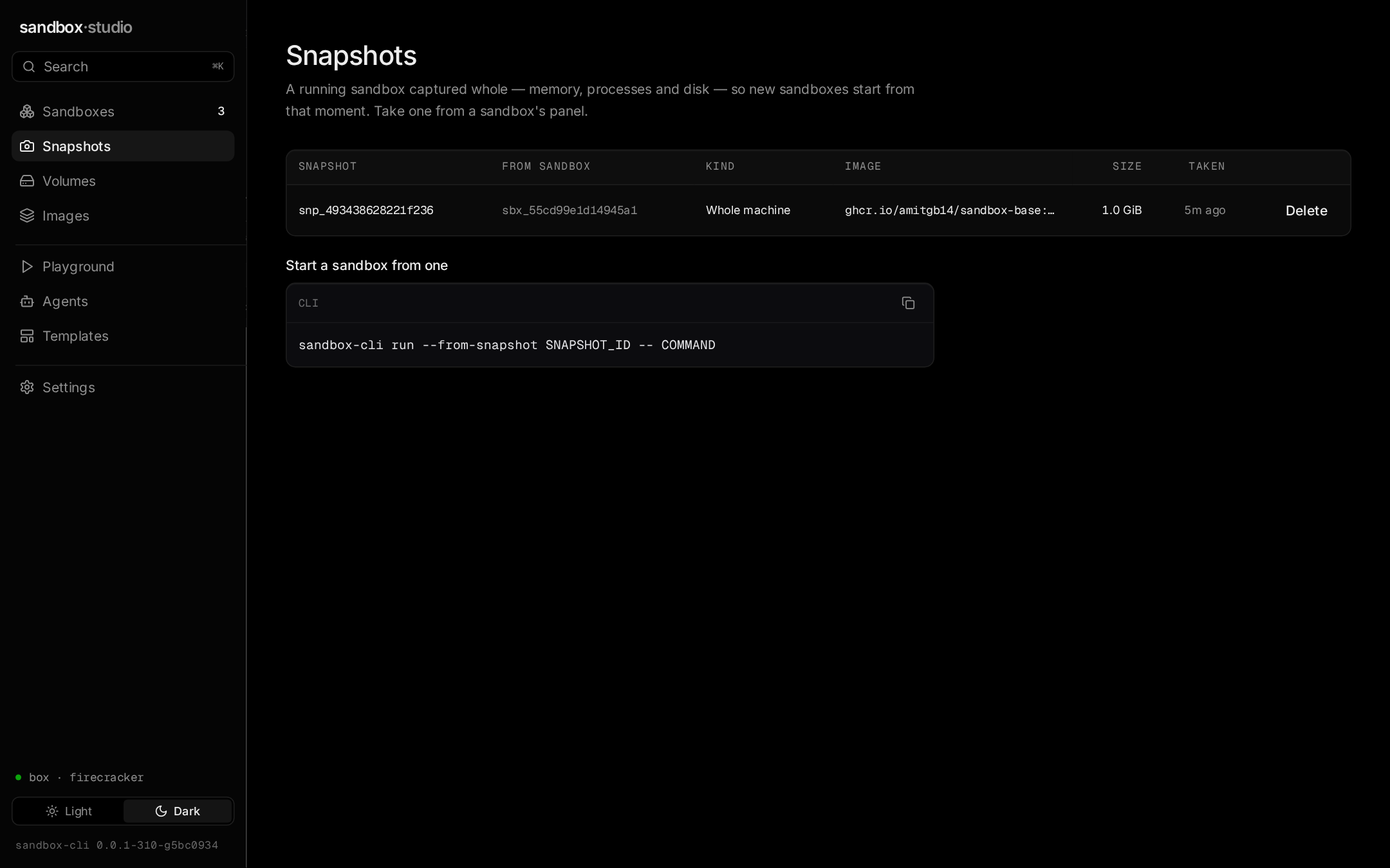Sandbox Studio, the Snapshots screen
