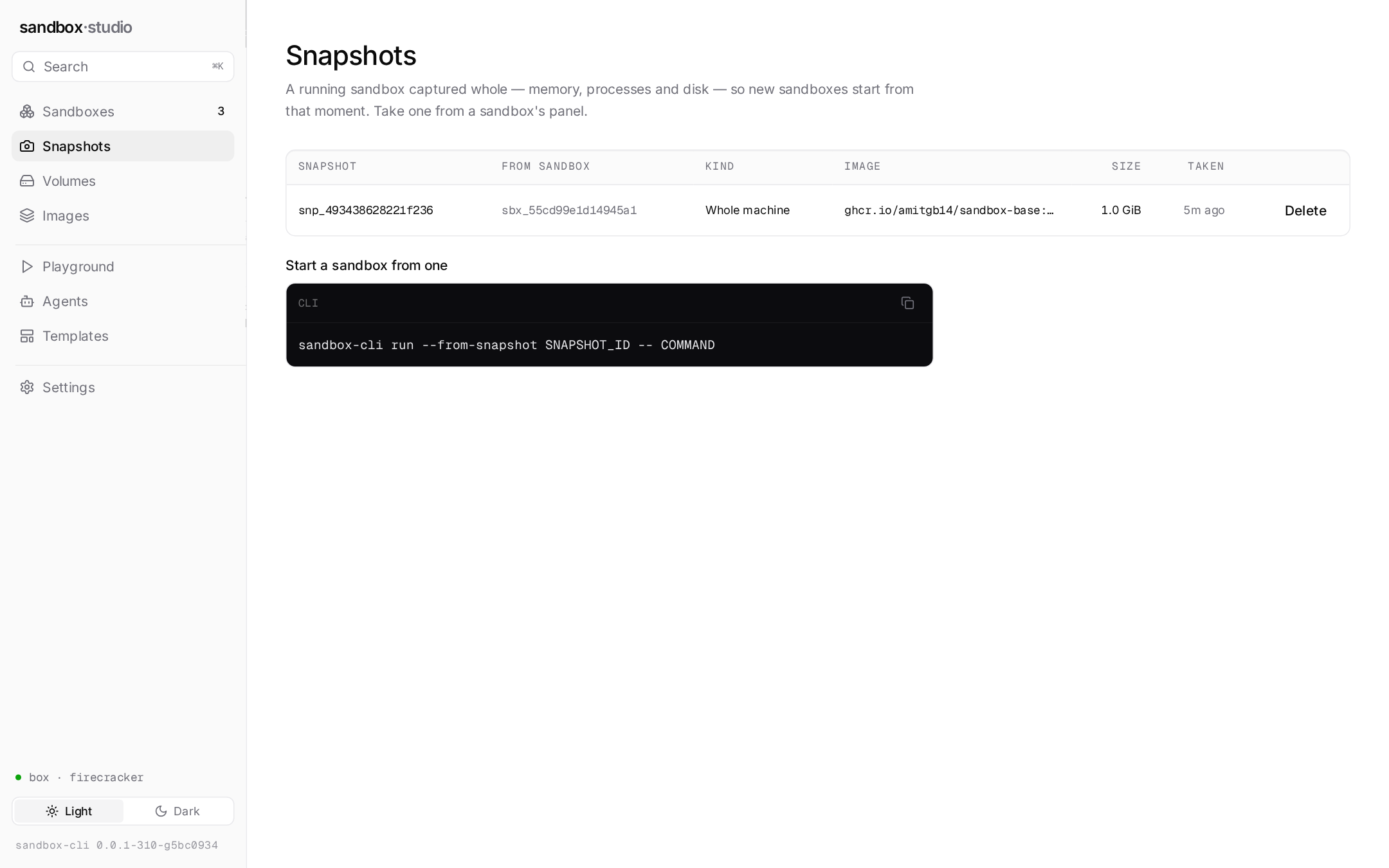 Sandbox Studio, the Snapshots screen
