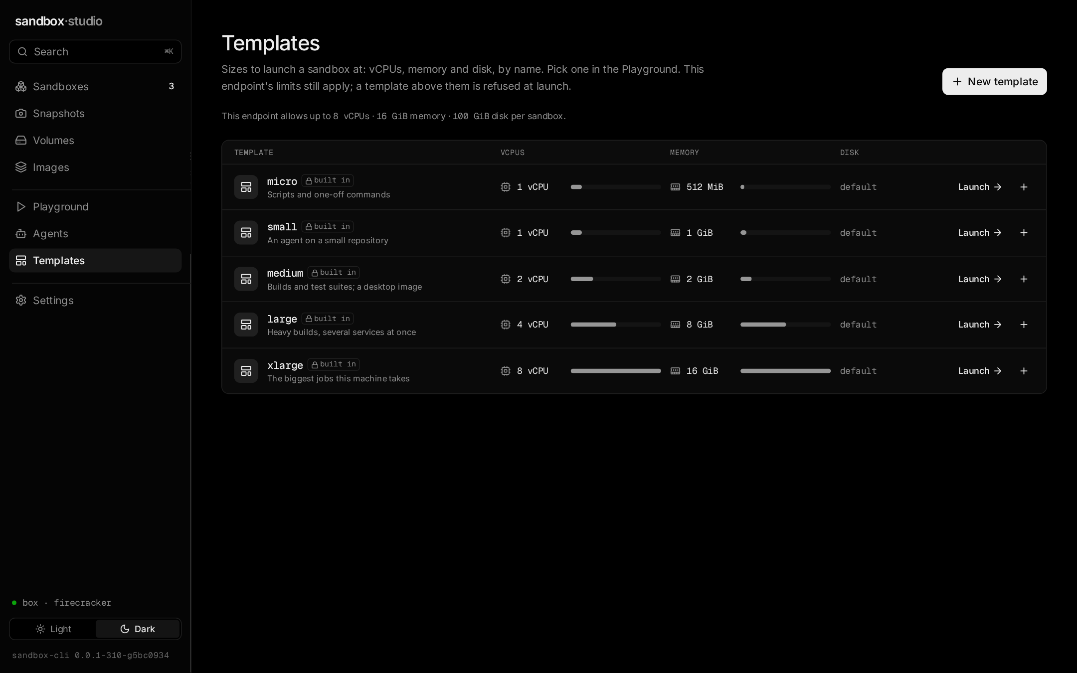 Sandbox Studio, the Templates screen