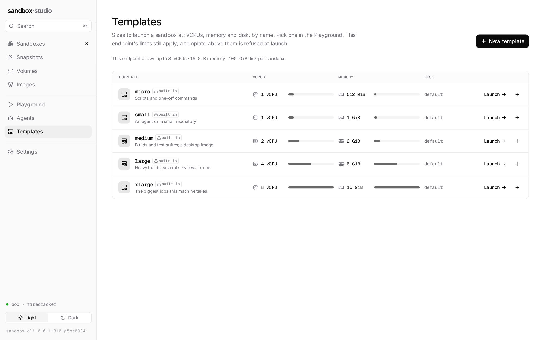 Sandbox Studio, the Templates screen